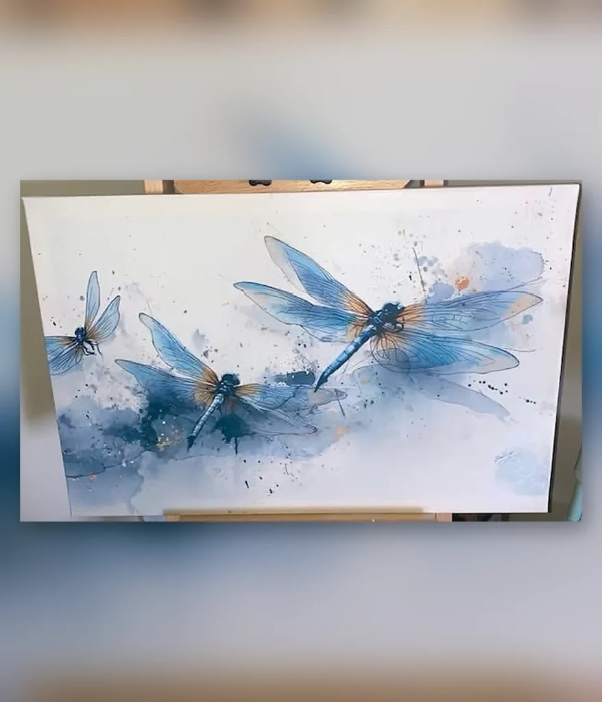 Blue dragonflies in an expressive mixed-media artwork