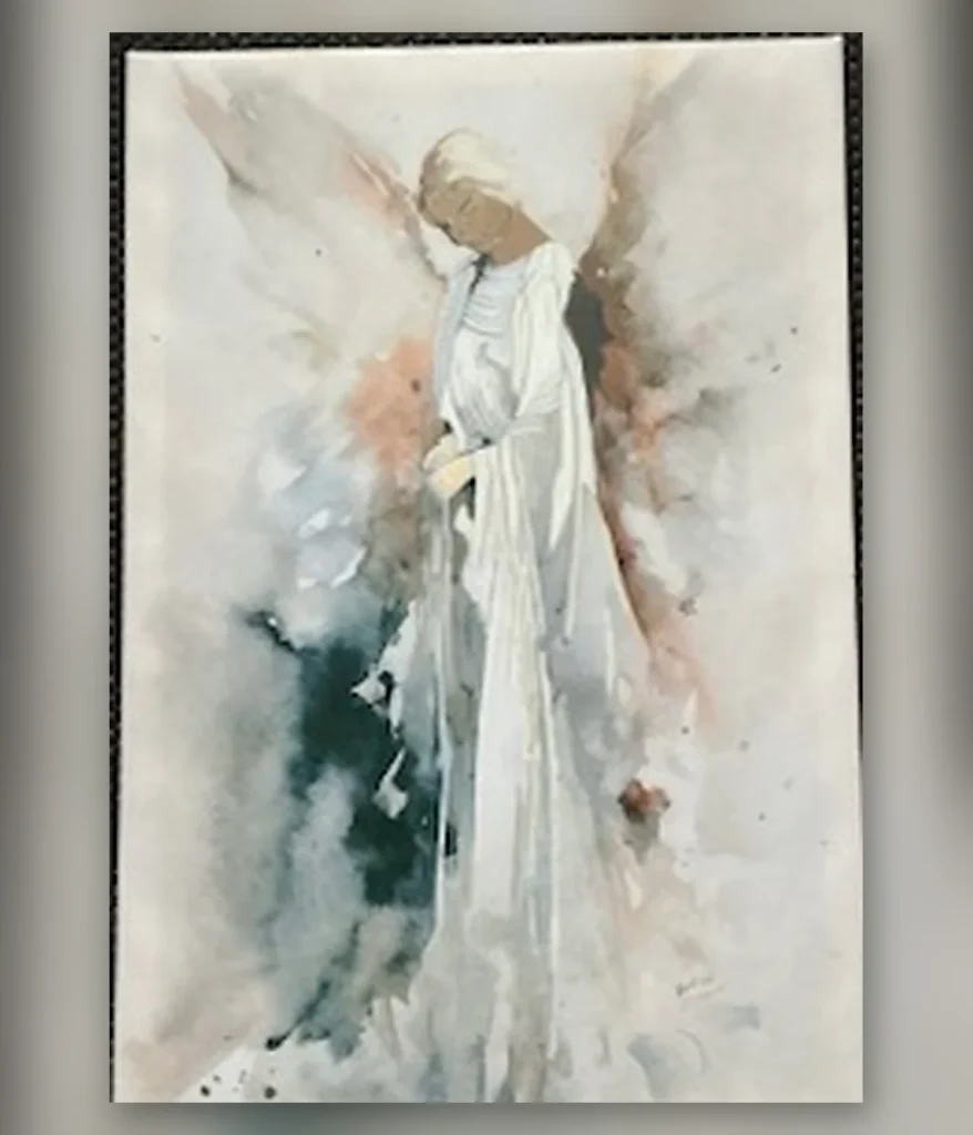 Soft figurative artwork of a woman in a white dress