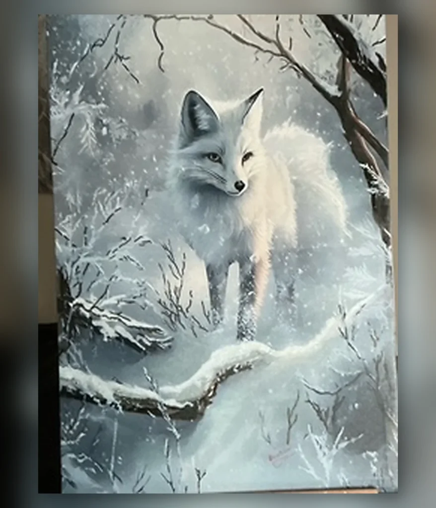 White fox standing in a snowy woodland