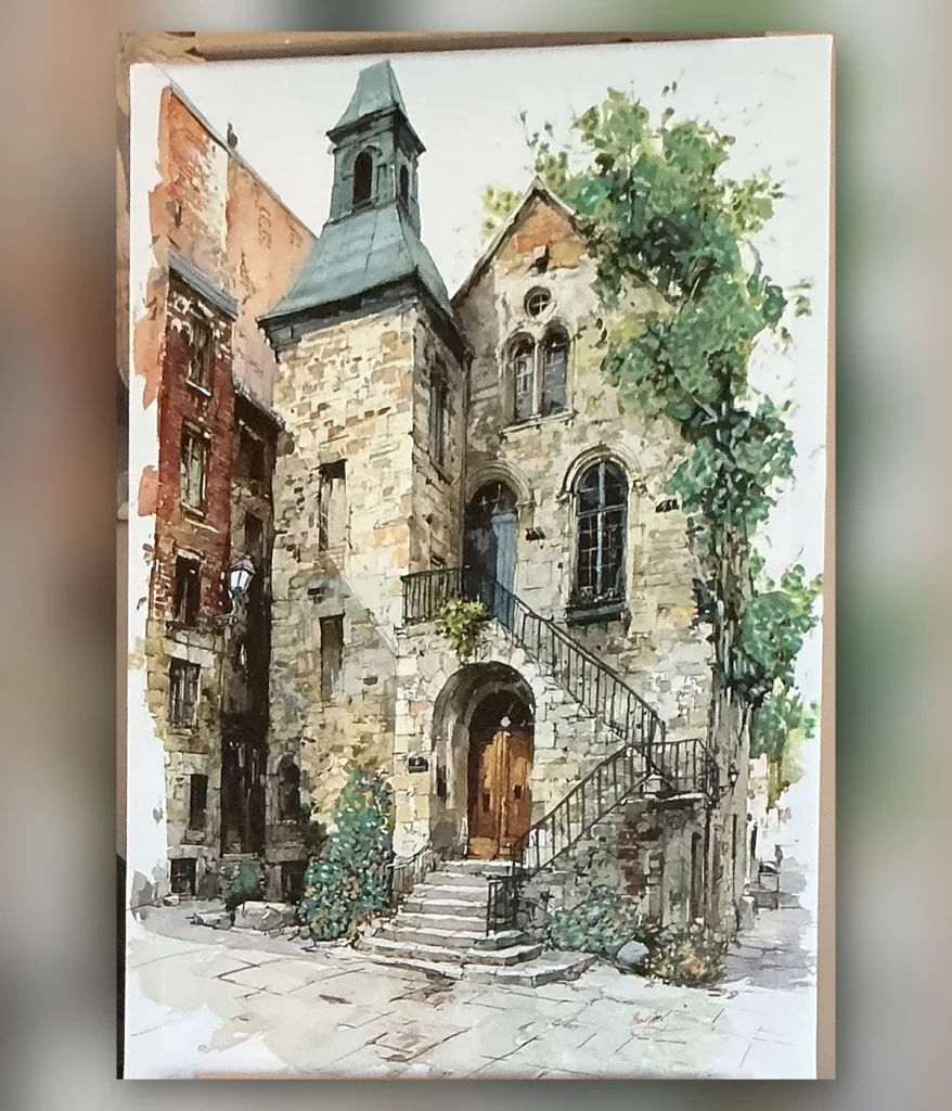 Expressive artwork of an old stone church