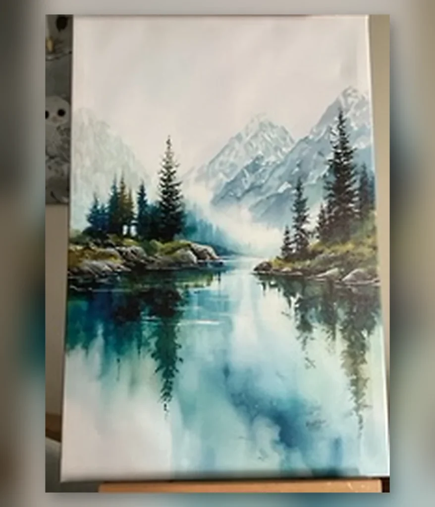 Mountain lake and pine trees reflected in calm water