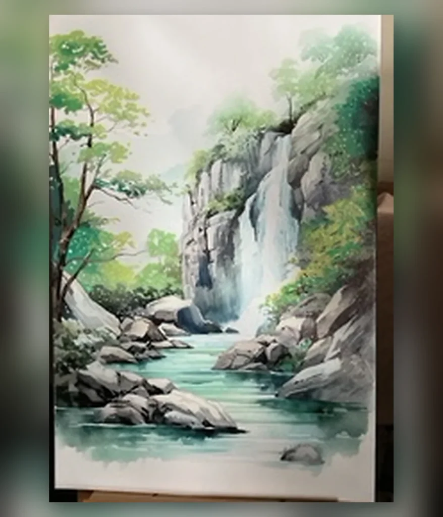 Waterfall flowing between green cliffs and rocks